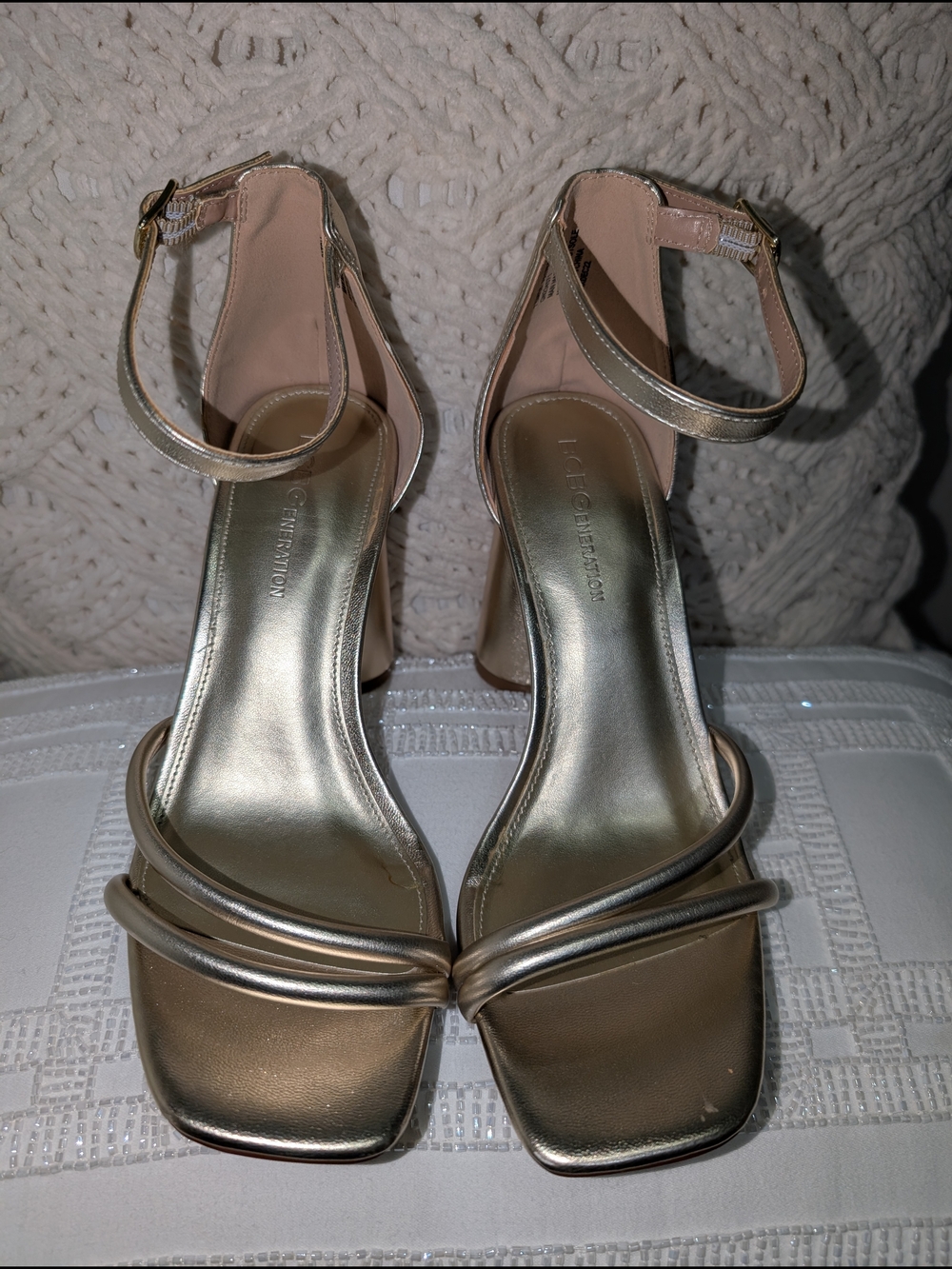 BCBG Metallic Gold Ankle-Strap Block Heel Sandals